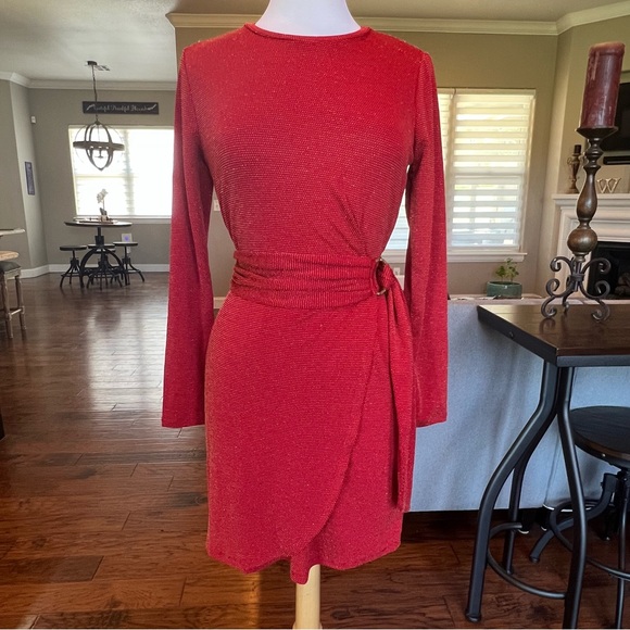 NWT $140 Michael Kors Red Dress Small Gold Metallic Faux-Wrap Crimson - Picture 3 of 15